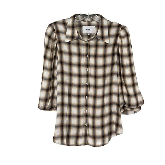 PISTOLA Ariella Plaid Button Up Puff 3/4 Sleeve Shirt Large Defined Shoulder Tan - Picture 1 of 8